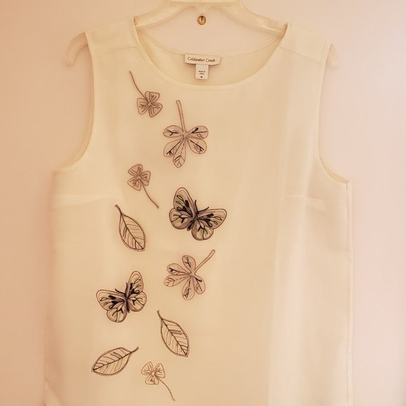 Coldwater Creek Ivory Sleeveless blouse with Sheer Embroidered Butterfly Overlay - Picture 1 of 5